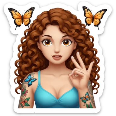 portrait woman long curly brown hair brown eyes white skin tattoos muscular build butterfly landing on finger sticker