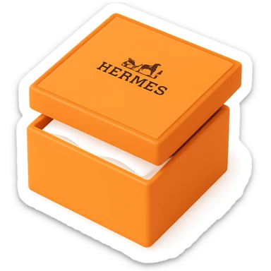 3D style orange Hermès box, slightly open with tissue paper inside, Hermès logo on the center, same square shape and proportions as reference, minimal, on white or transparent background, more variations of the box with these details sticker