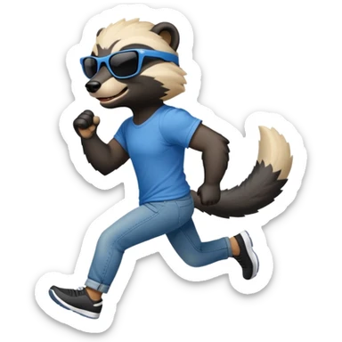 friendly anthropomorphised honey badger in jeans and a t-shirt, wearing sunglasses, jogging upright, standard pose sticker