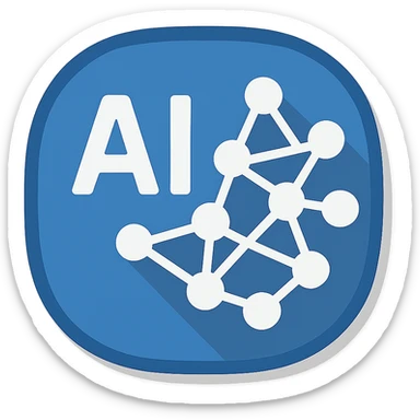 AI icon, neural network symbol, blue and white color scheme, flat design style sticker