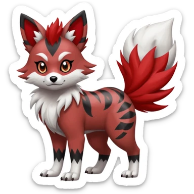 Red Lycanroc-Furret-Zorua-Poochyena-fusion, full body, with black and white edgy markings patterns sticker