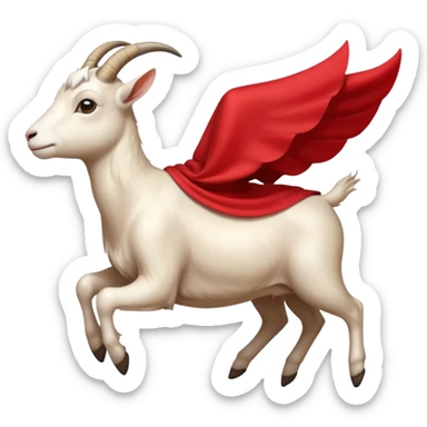side view of white female goat wearing a read cape like superman sticker