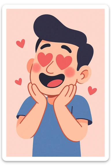 cartoon man with heart eyes, blushing with love, pastel toon style sticker