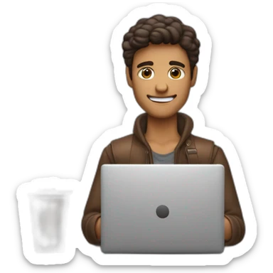 un chico con pelo marron texturizao, con una mano escribiendo en una laptop de windows, y con la otra mano agarrando un paliz, y que en sue escritorio tenga dinero y un cuaderno sticker