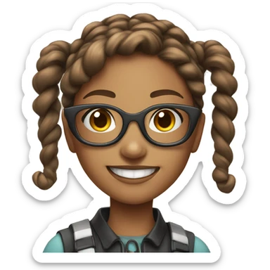Brown haired young lady with long pigtails, futuristic glasses and a smile sticker