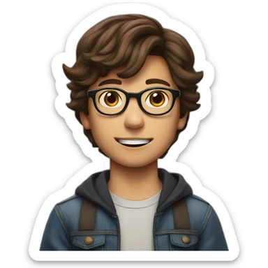 a 12-year-old boy with brown hair and glasses performs on the stage of the theater sticker