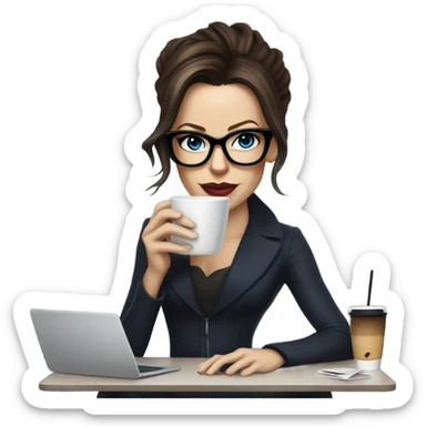 Hyper Realistic Kate Beckinsale dark blue eyes wearing glasses drinking coffee at a laptop  sticker