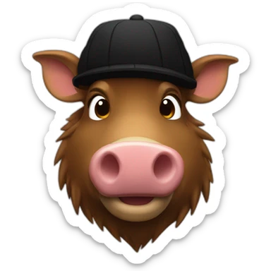 fullface wild tired brown boar with stubble in a black jacket and a black winter hat sticker