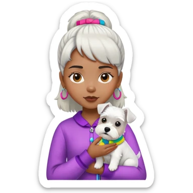 Black girl with short bangs holding a white schnauzer dog, colorful clothes sticker