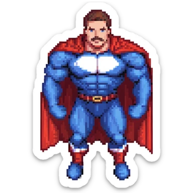 Omni-Man from Invincible, muscular superhero with mustache, blue and white suit with red cape, intense expression, pixel art style sticker