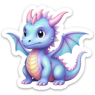 Cinematic fluffy pastel dragon, tiny round wings, chubby feet, sparkling gentle eyes, delicate glowing scales, soft colors blending magically, enchanting and whimsical. sticker