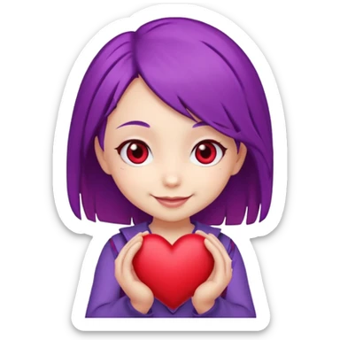 A chibi cartoon with purple hair red eyes holding a heart sticker