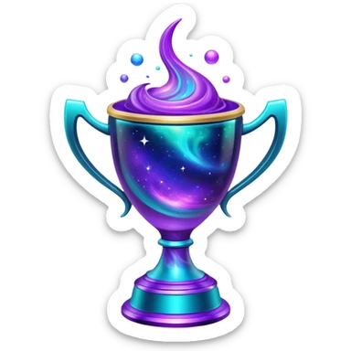 A futuristic alien trophy cup with swirling cosmic nebula colors, purple, blue and teal galaxy patterns sticker
