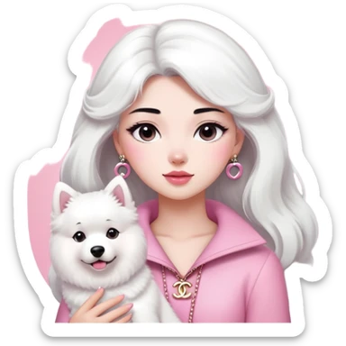black-haired girl in pink Chanel style outfit with white Samoyed dog sticker