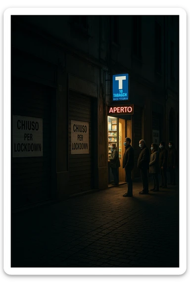 a deserted city street with all shops and businesses shuttered, their windows covered with “Chiuso per Lockdown” signs. In contrast, a brightly lit tobacco shop stands open, with a glowing “Aperto” sign and people lined up outside, all wearing masks. The mood is somber and critical, highlighting the paradox. sticker
