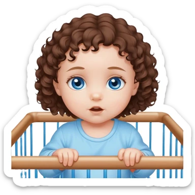 Blue-eyed baby girl with short soft loose brown curls in playpen  sticker