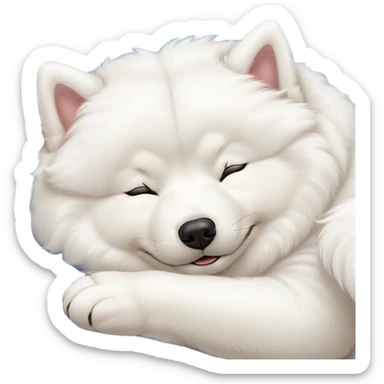 Meme-Worthy Cute Sleeping Samoyed Portrait Emoji, Head resting peacefully with a contented smile, showcasing a delightfully fluffy build and a luxuriously soft pure white Fur, eyes shut in a serene nap, Simplified yet hilariously adorable features, highly detailed, glowing with a soft, drowsy light, high shine, relaxed and utterly lovable, stylized with an air of playful laziness, bright and heartwarming, soft glowing outline, capturing the essence of a comically sleepy companion, so meme-worthy it feels like it could instantly become the next viral sensation of adorable slumber! sticker
