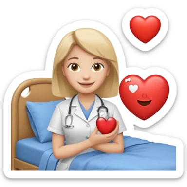 a nurse holding a heart standing beside a bed icon, warm friendly Apple-style emoji sticker