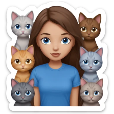 a pretty bratz dusky light skin girl with long brown hair, blue eyes with six cats nd wearing a grey tshirt sticker