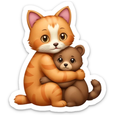 cat hugs a little bear sticker
