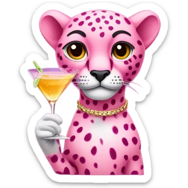 a pink cheetah holding a martini sticker