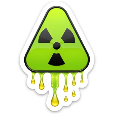 radioactive hazard symbol stylized to look like it is melting. The symbol is bright neon green and toxic yellow, with smooth dripping edges like liquid. sticker