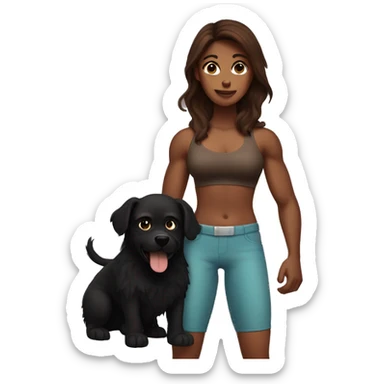 Long brown haired muscular woman holding fluffy black dog sticker