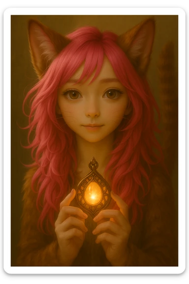 Give the catgirl a magical accessory like a glowing amulet or enchanted staff, while preserving the realistic anime style and pink hair. sticker