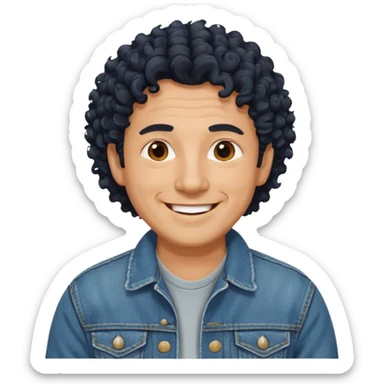 middle aged man, curly black hair, wearing a denim jacket, cheerful look sticker