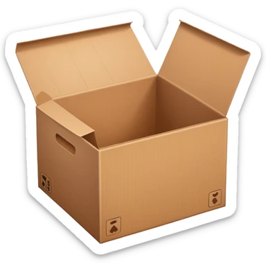 empty cardboard box, open top, brown color sticker