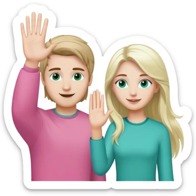 2 friends giving high five. He has white skin, brown hair and turquoise eyes, he is wearing green. She has long blond hair, brown eyes and white skin, she is wearing pink  sticker