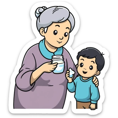 Grandmother offering yogurt to grandson sticker