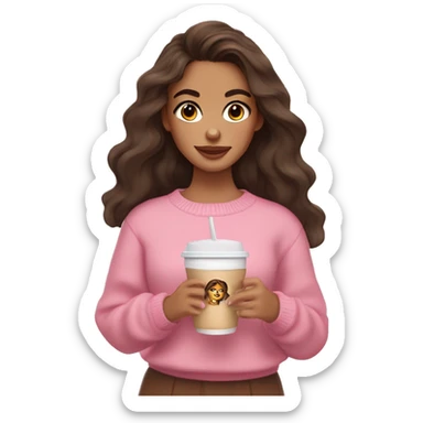 Brunette girl with softs makeup, has a tan skin, wavy long hair, dark brown eyes, wearing pink sweater, has a cup of iced coffee in both hands  sticker