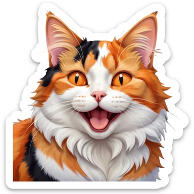 Cinematic Cute Yawning Calico Cat Portrait Emoji, Head tilted mid-yawn with a charming, relaxed expression, showcasing a soft patchwork fur of vibrant orange, black, and white, simplified yet irresistibly adorable, highly detailed, glowing with a cozy, gentle radiance, high shine, exuding sleepy yet endearing charm, styled with a soft glowing outline, capturing the essence of a calico cat caught in a delightful yawn that seems ready to cuddle up for a nap! sticker