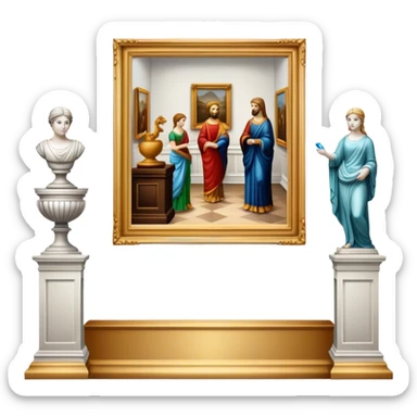 An icon featuring an elegant art gallery with classic paintings hanging on the walls, and sculptures displayed on pedestals. Visitors admire the exhibits, capturing the essence of culture, history, and art. Set against a transparent background. sticker
