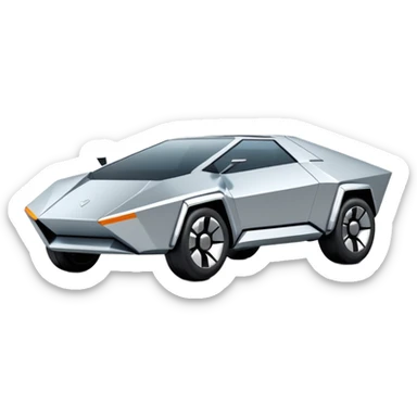 A futuristic chrome car emoji, sharp geometric body design inspired by cybertruck aesthetics, smooth silver metallic surface, matte and glossy chrome mix, minimal details, soft reflections, clean edges, iOS emoji style, centered, clean white background, soft studio lighting, no text sticker