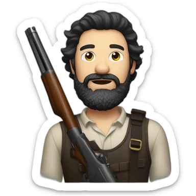 dark-haired bearded man drunk with a big shotgun sticker