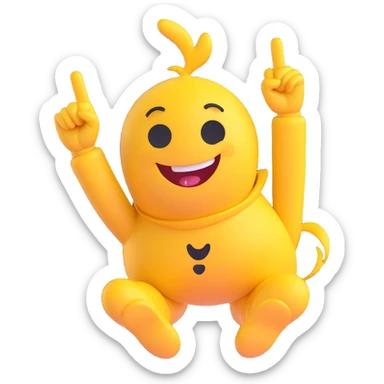 A 2D cartoon-style yellow emoji with a mischievous smile, shaped eyes, and both hands pointing upward with index fingers.  clean digital style, and a fun, dancing expression. Style similar to children’s drawing tutorials, dancing expression. No background, isolated on white.  sticker