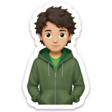 a 14 year old slightly tanned teenage boy with dark brown tousled wavy hair, dark brown eyes wearing a green tshirt, with a dark green hoodie overcoat. smirking. full body sticker