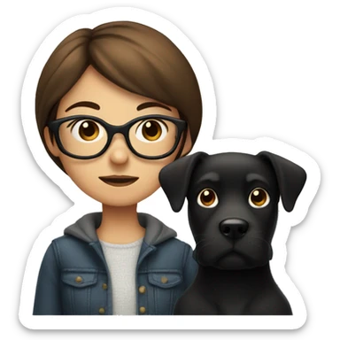 A girl with brown hair and big glasses with a black dog sticker