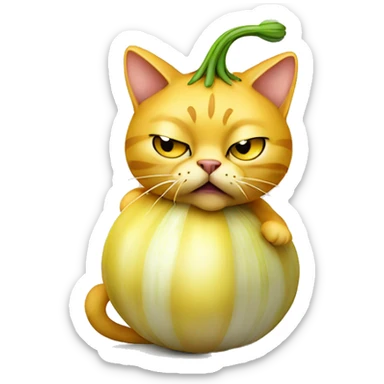 Yellow Cat that smells bad and is sitting on an onion sticker