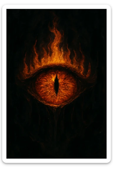 Sauron's eye, glowing with flames, dark dramatic style, intense shadows sticker