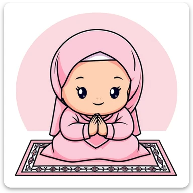baby Muslim girl wearing pink dress on a light pink prayer rug sticker