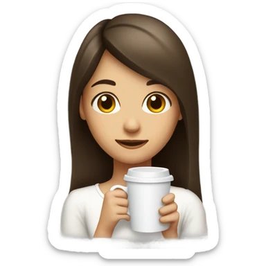 girl with brunette hair long and cute bang wearing a white top and drinking coffee  sticker