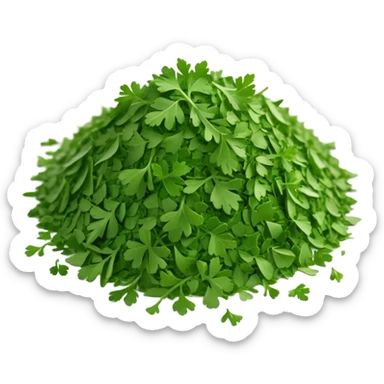 loose scatter of finely crumbled green herb flakes with jagged, flat shapes and a dry, matte texture, color ranges from bright to muted green, evoking dried curly or flat-leaf parsley, soft lighting, subtle shadows, emoji scale sticker