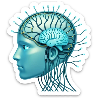 An icon featuring a human head silhouette with circuit patterns, a glowing brain, and neural network nodes, symbolizing artificial intelligence. The design includes data flow lines and robotic elements, representing machine learning and advanced computation. Transparent background sticker