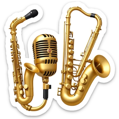 Create an artistic and dynamic emoji representing jazz vocal performance, featuring a vintage microphone as the central focus. Surround the microphone with traditional jazz instruments, such as a saxophone, trumpet, and upright bass, arranged in a harmonious, flowing design. Add musical notes and sound waves emanating from the microphone to symbolize the improvisational and expressive nature of jazz vocals. The instruments should have a polished, classic appearance with metallic gold and silver accents. Use rich colors like deep black, gold, and burgundy to evoke the sophisticated and soulful atmosphere of a jazz club. The background should be transparent. sticker