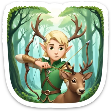 clash-of-clans-aesthetic-blond-male elf-archer-portrait-emoji, rendered in a flat, vector-style with minimal shading and bold holding his bow, simplified shapes, head tilted slightly forward with a determined, focused expression, riding a majestic stag whose antlers glow with mystical energy, set against an ancient, enchanted forest backdrop. sticker