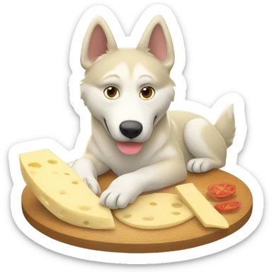 Light beige husky eating a raclette sticker