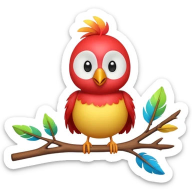 A colorful 3D cartoon bird perched on a small branch, bright feathers, round eyes, and cheerful smile, soft lighting, Memoji-style rendering. sticker